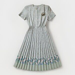 Leslie Fay Vtg Sage Green Pink Floral Cottagecore Belted Pleated Midi Dress 10